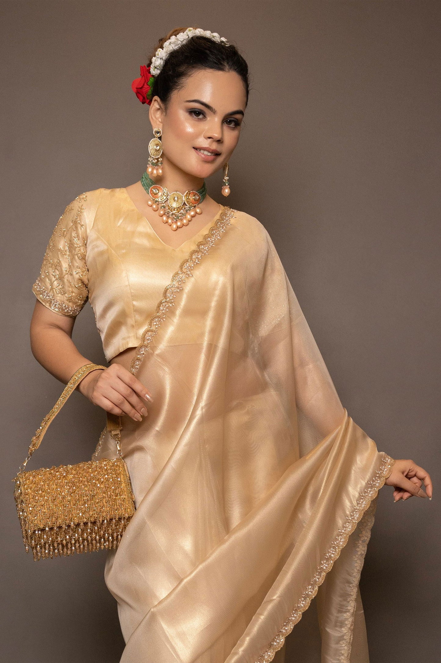 Golden Beige Velvet Clutch with Tassels and Beads - Mayrake.in