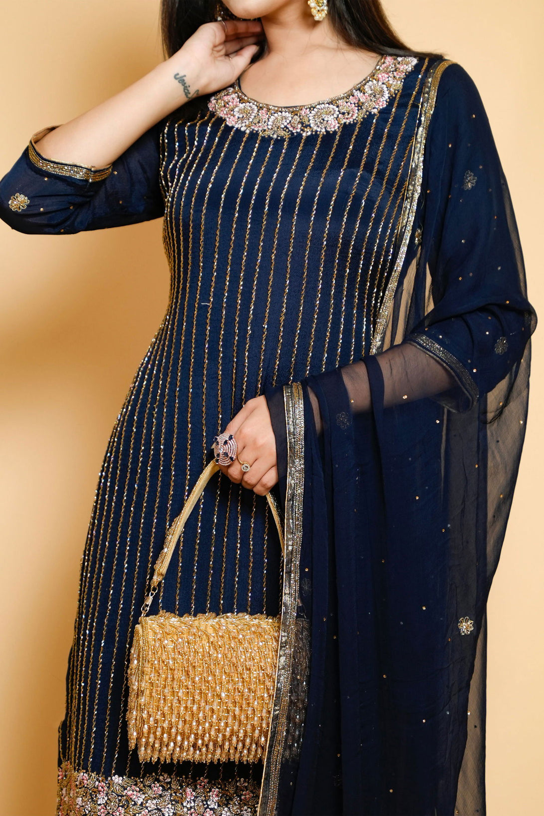 Golden Beige Velvet Clutch with Tassels and Beads - Mayrake.in