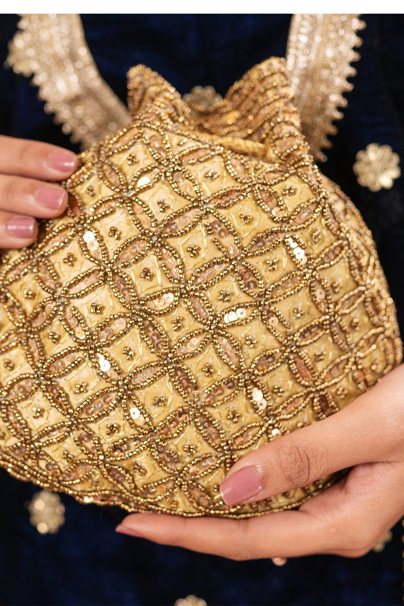 Golden Color Potli with Full Gold Pearls and Sequin Work - Mayrake.in