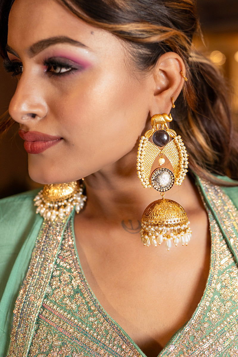 Golden Jhumka Pearls Black Stone Earrings - Mayrake.in