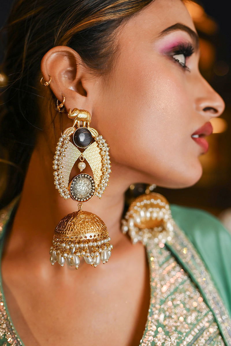 Golden Jhumka Pearls Black Stone Earrings - Mayrake.in