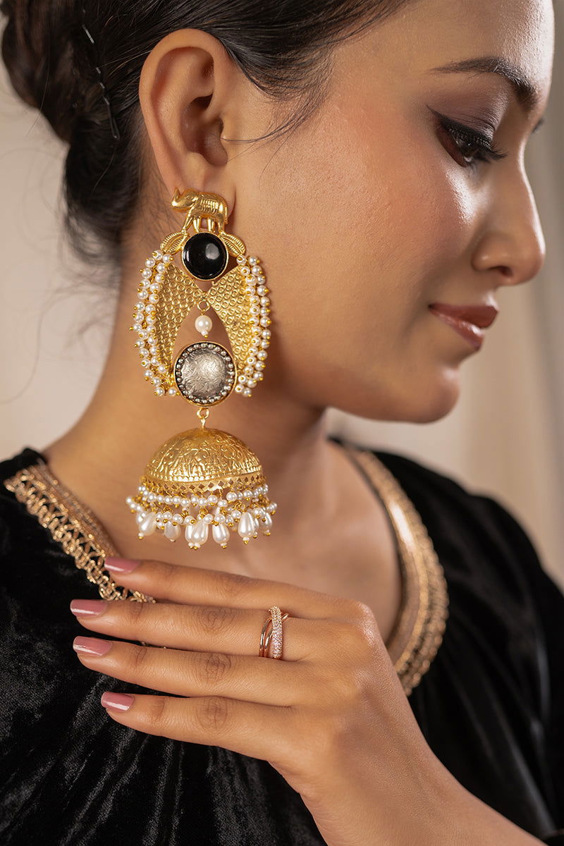 Golden Jhumka Pearls Black Stone Earrings - Mayrake.in