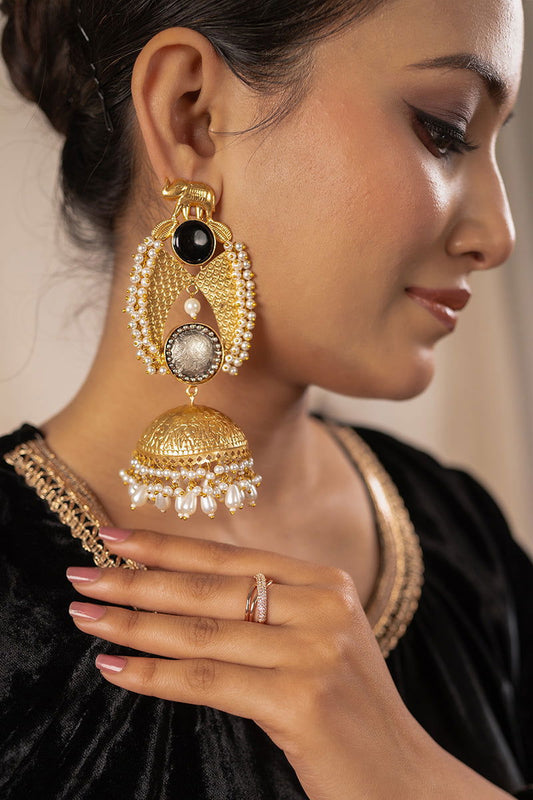 Golden Jhumka Pearls Black Stone Earrings - Mayrake.in