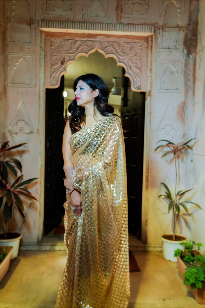 Golden Super Net Saree with Sitara Sequin Work and Zari Border with Stitched Designer Blouse - Mayrake