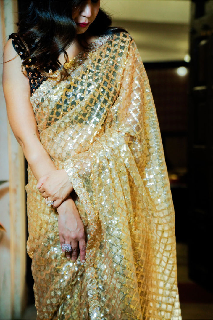 Golden Super Net Saree with Sitara Sequin Work and Zari Border with Stitched Designer Blouse - Mayrake