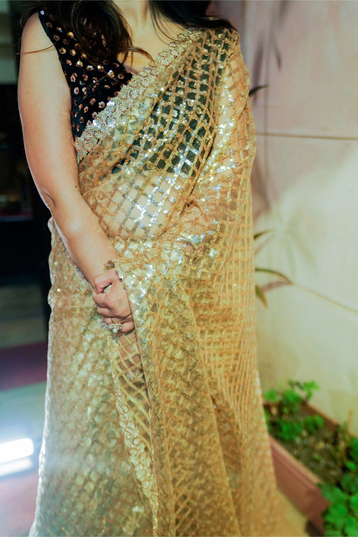 Golden Super Net Saree with Sitara Sequin Work and Zari Border with Stitched Designer Blouse - Mayrake
