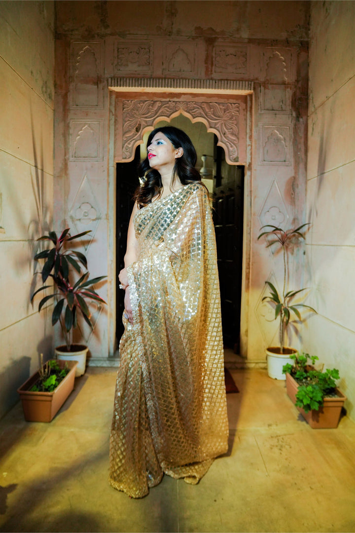 Golden Super Net Saree with Sitara Sequin Work and Zari Border with Stitched Designer Blouse - Mayrake