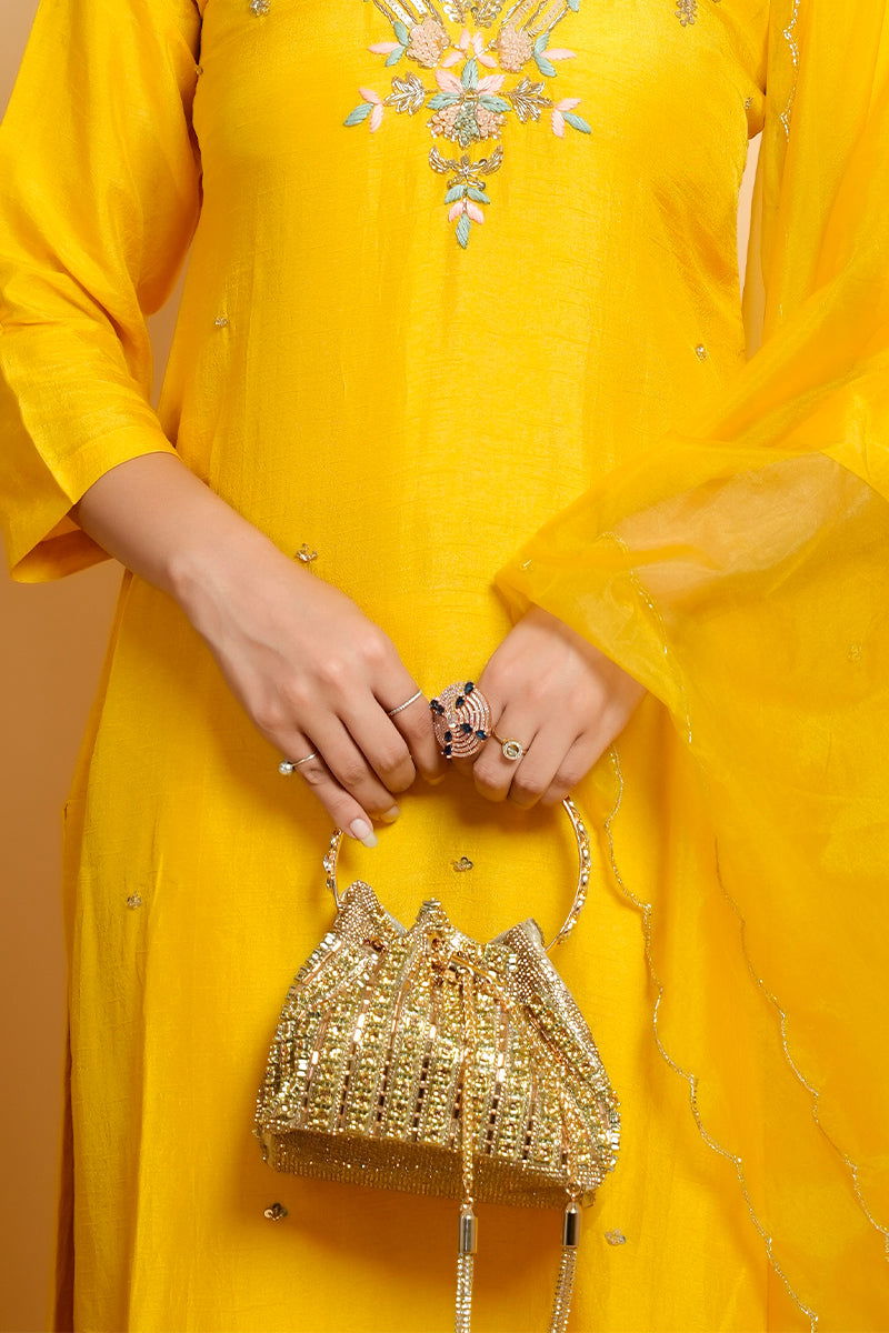 Golden Swarovski Beads Potli with Designer Handle and Velvet Base - Mayrake.in