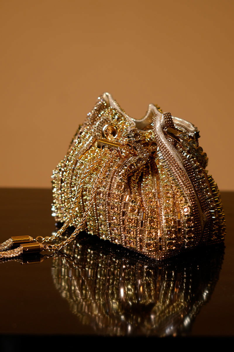 Golden Swarovski Beads Potli with Designer Handle and Velvet Base - Mayrake.in