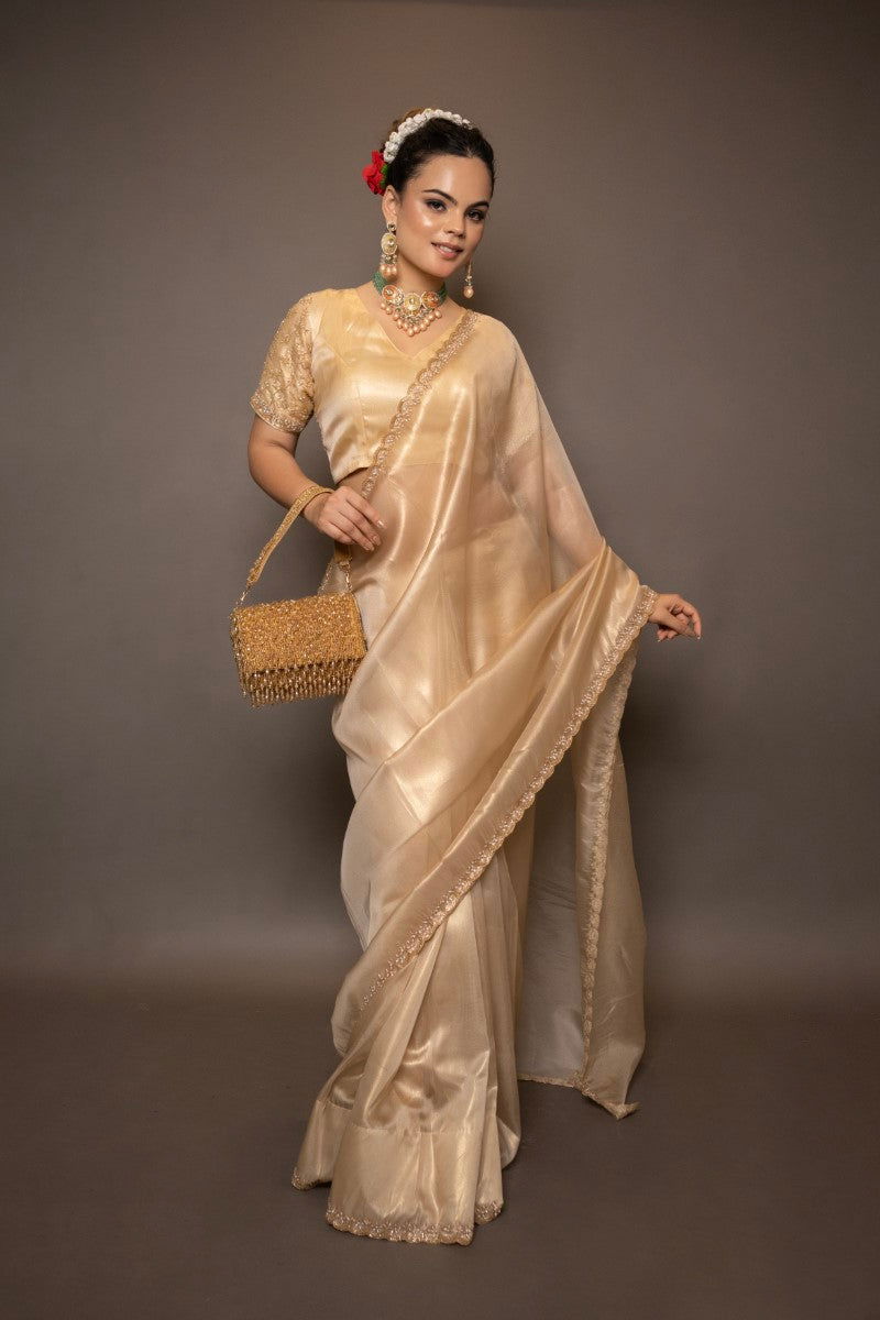 Golden Tissue Saree With Sequined Handwork - Mayrake.in