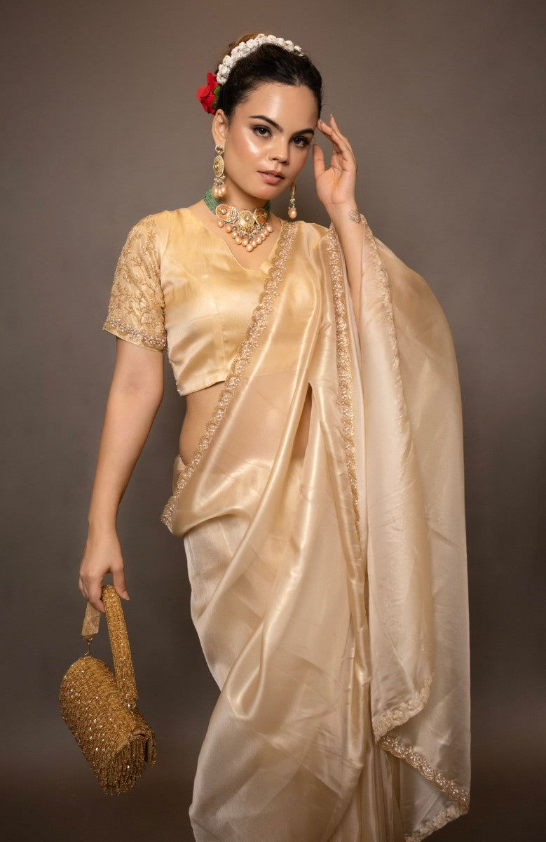 Golden Tissue Saree With Sequined Handwork - Mayrake.in