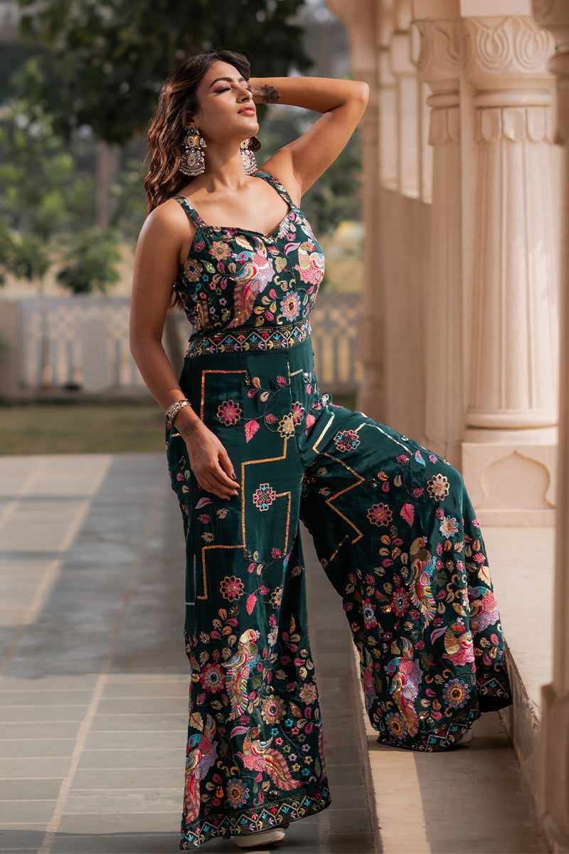 Green Gaji Silk Jumpsuit with Intricate Bird Motif Embroidery - Mayrake.in
