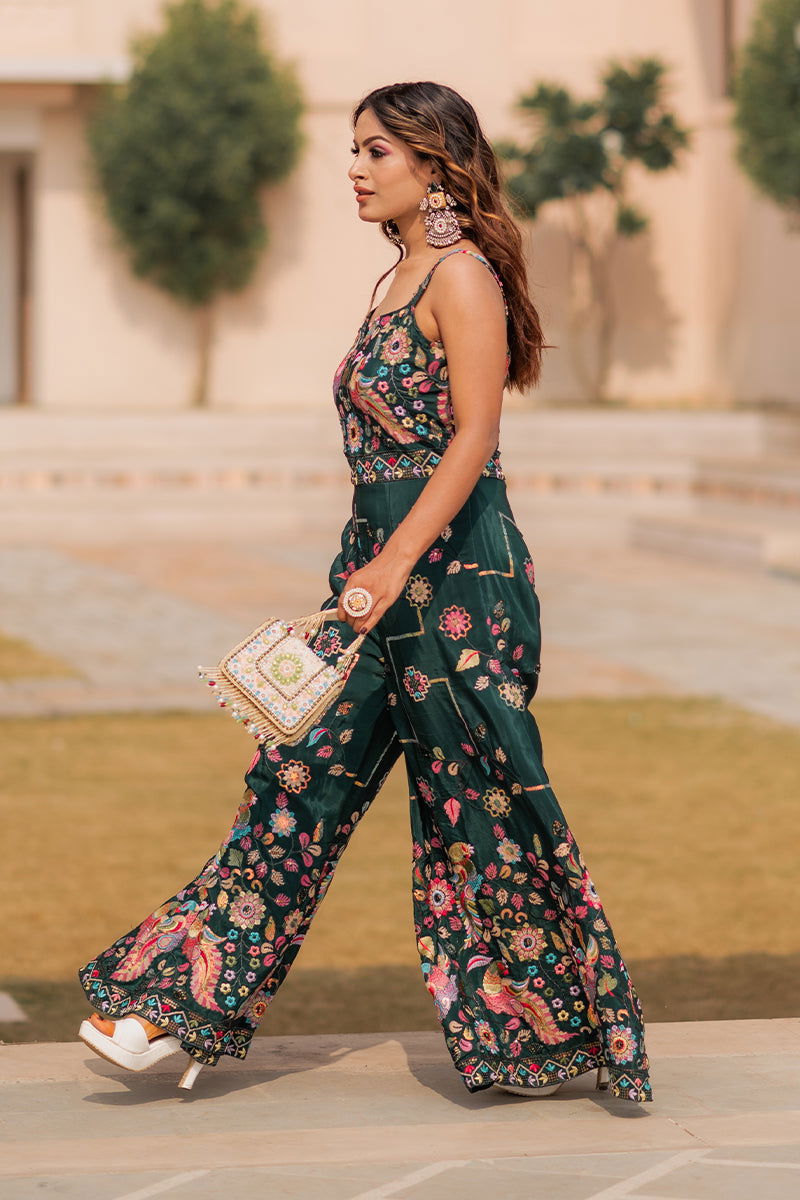Green Gaji Silk Jumpsuit with Intricate Bird Motif Embroidery - Mayrake.in