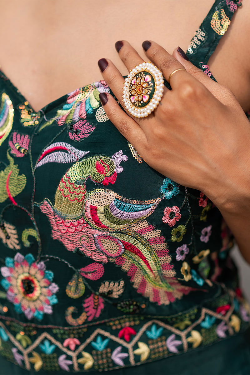 Green Gaji Silk Jumpsuit with Intricate Bird Motif Embroidery - Mayrake.in