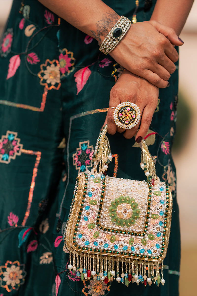 Green Gaji Silk Jumpsuit with Intricate Bird Motif Embroidery - Mayrake.in