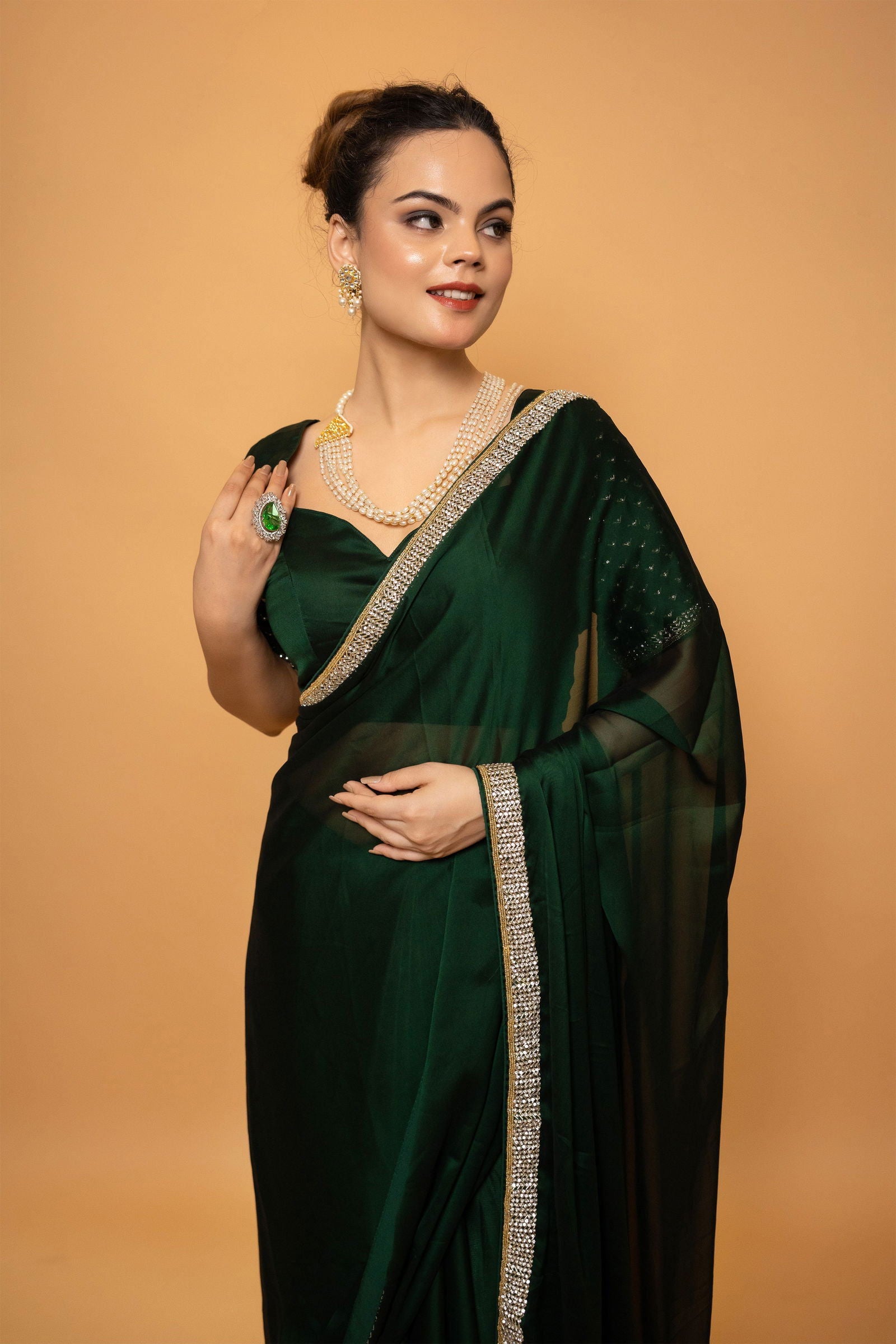Green Georgette Saree With Swarovski Work - Mayrake.in