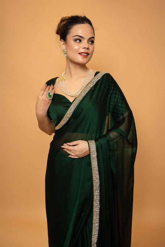 Green Georgette Saree With Swarovski Work - Mayrake.in