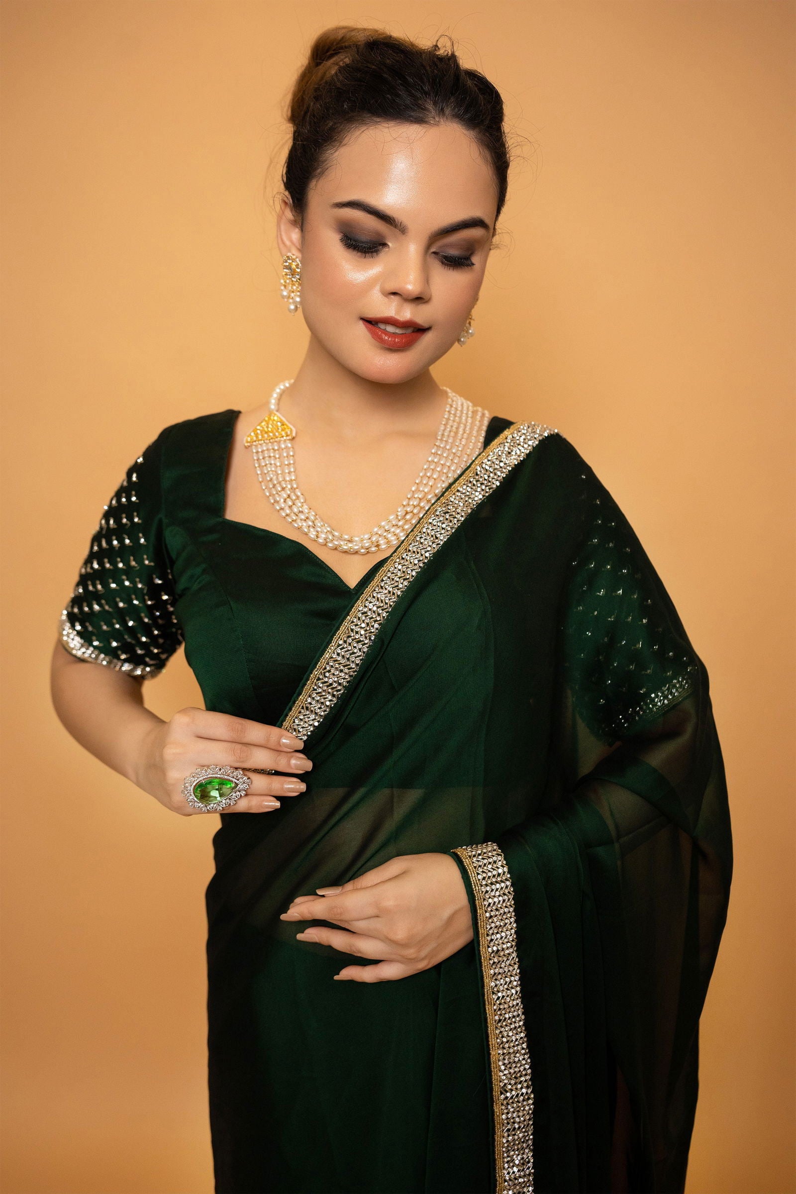 Green Georgette Saree With Swarovski Work - Mayrake.in