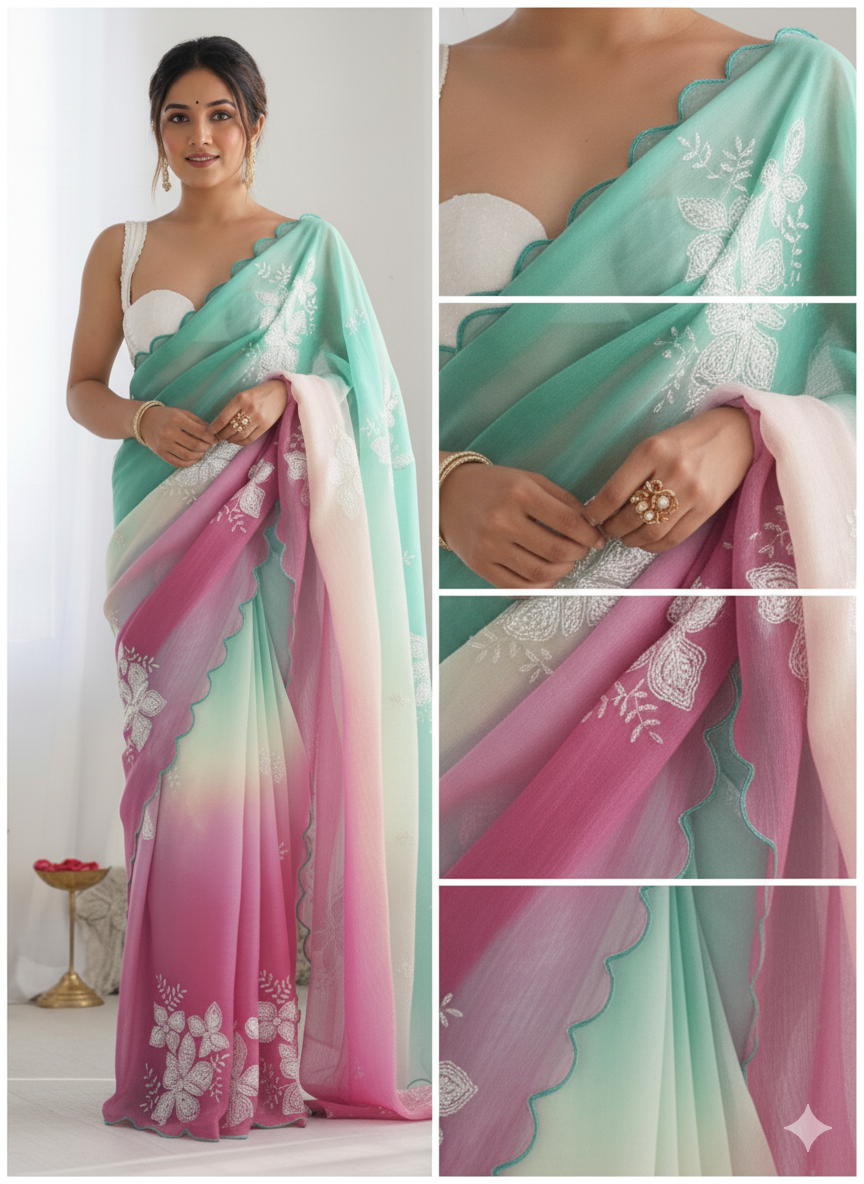 Green Magenta Pastel-Shaded Soft Chinon Silk Saree with Sequin Embroidery and Khatli Work Border - Mayrake.in