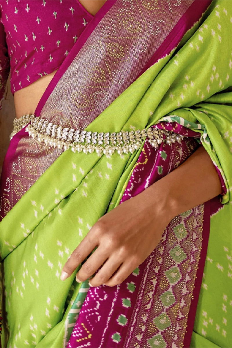 Green Magenta Raw Silk Saree with Patola Design - Mayrake.in