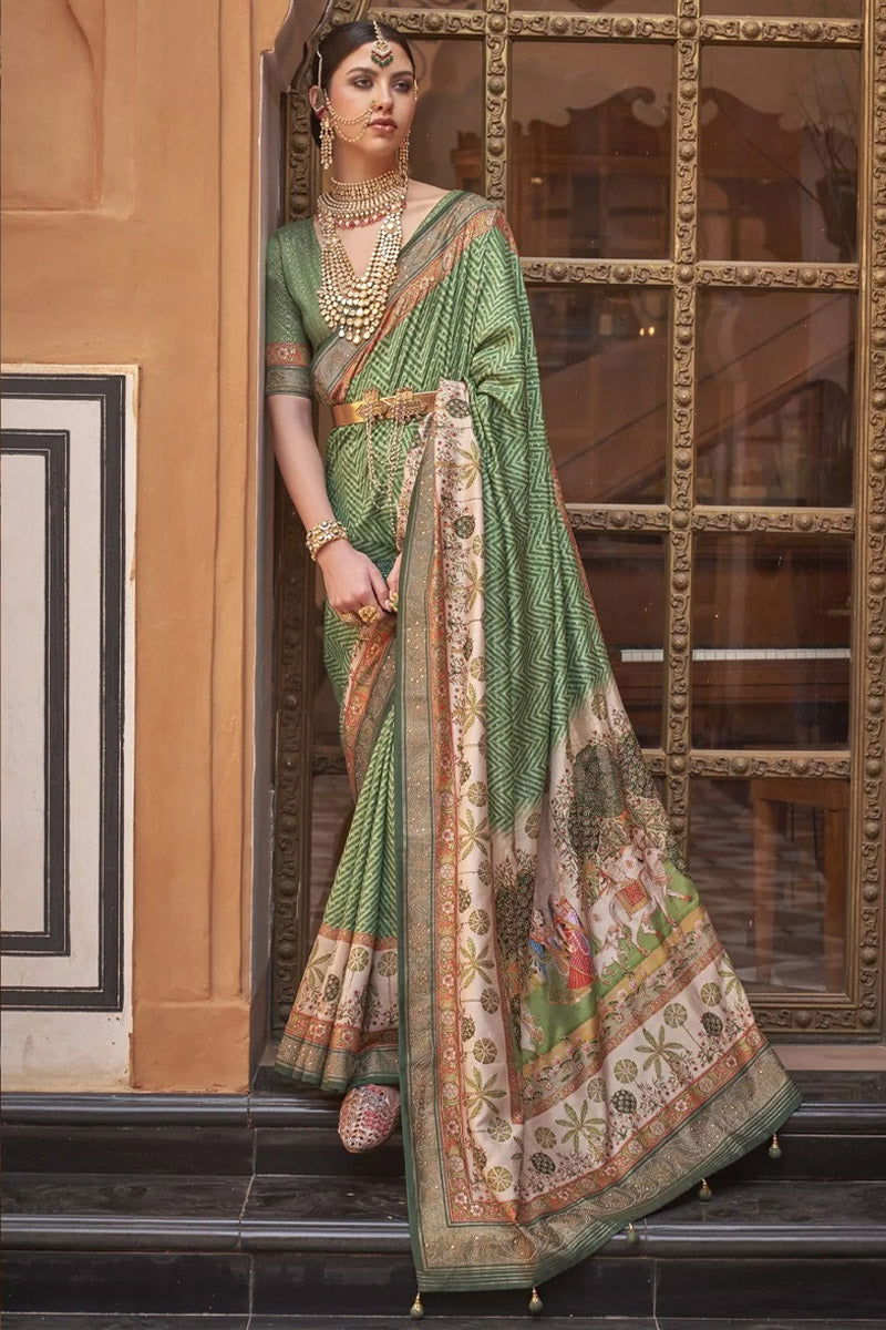 Green  Saree with Cream Border Viscose Silk with Exclusive Design and Additional Work - Mayrake