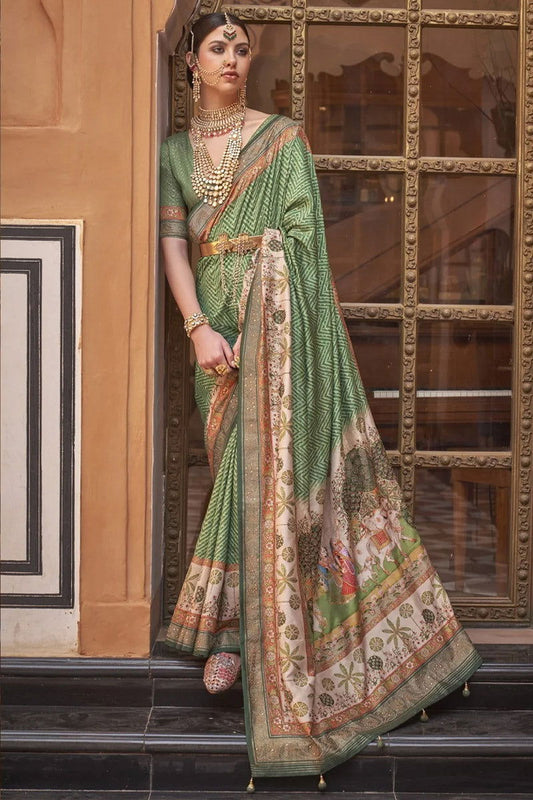 Green  Saree with Cream Border Viscose Silk with Exclusive Design and Additional Work - Mayrake