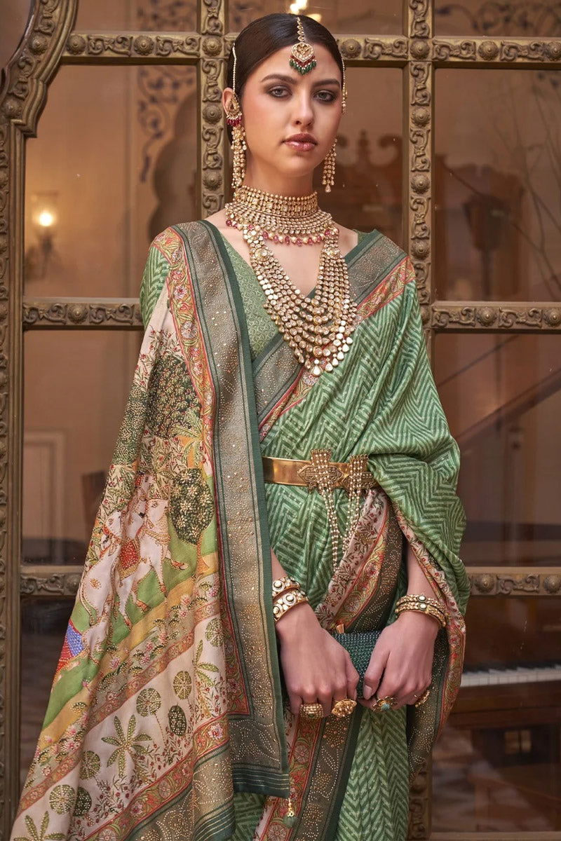 Green  Saree with Cream Border Viscose Silk with Exclusive Design and Additional Work - Mayrake