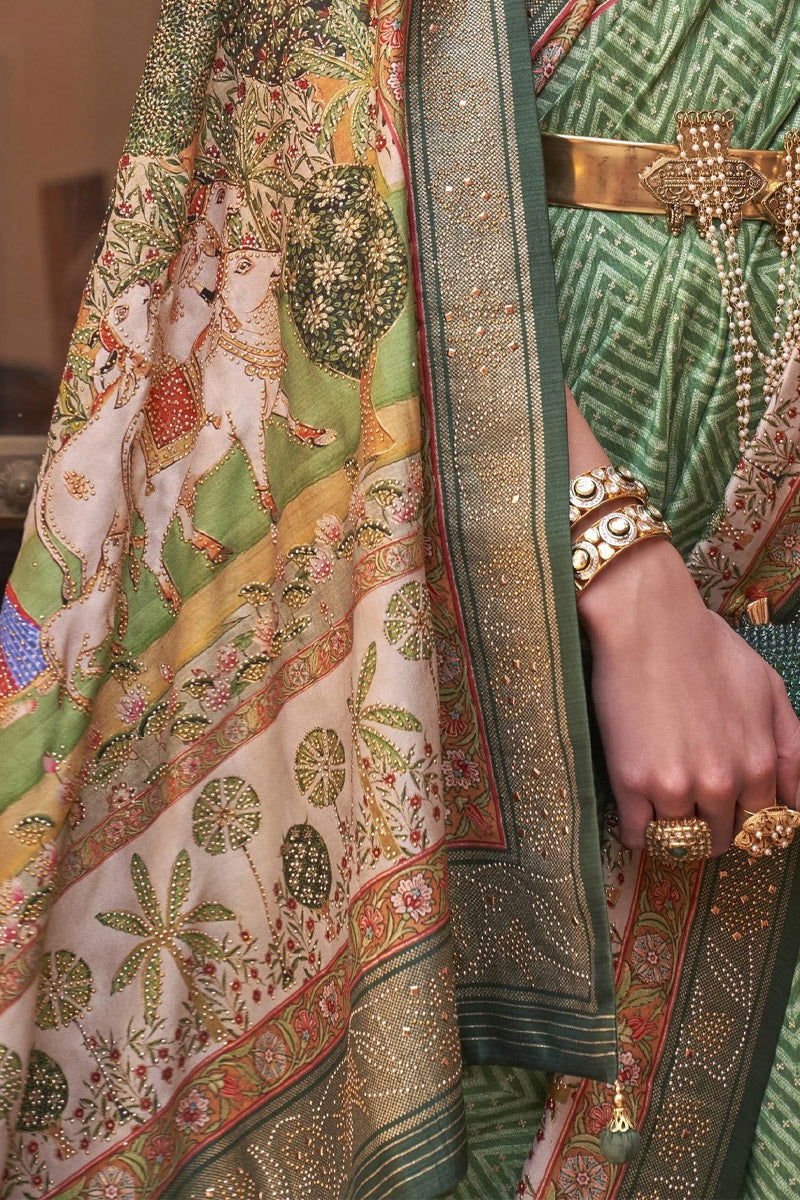 Green  Saree with Cream Border Viscose Silk with Exclusive Design and Additional Work - Mayrake