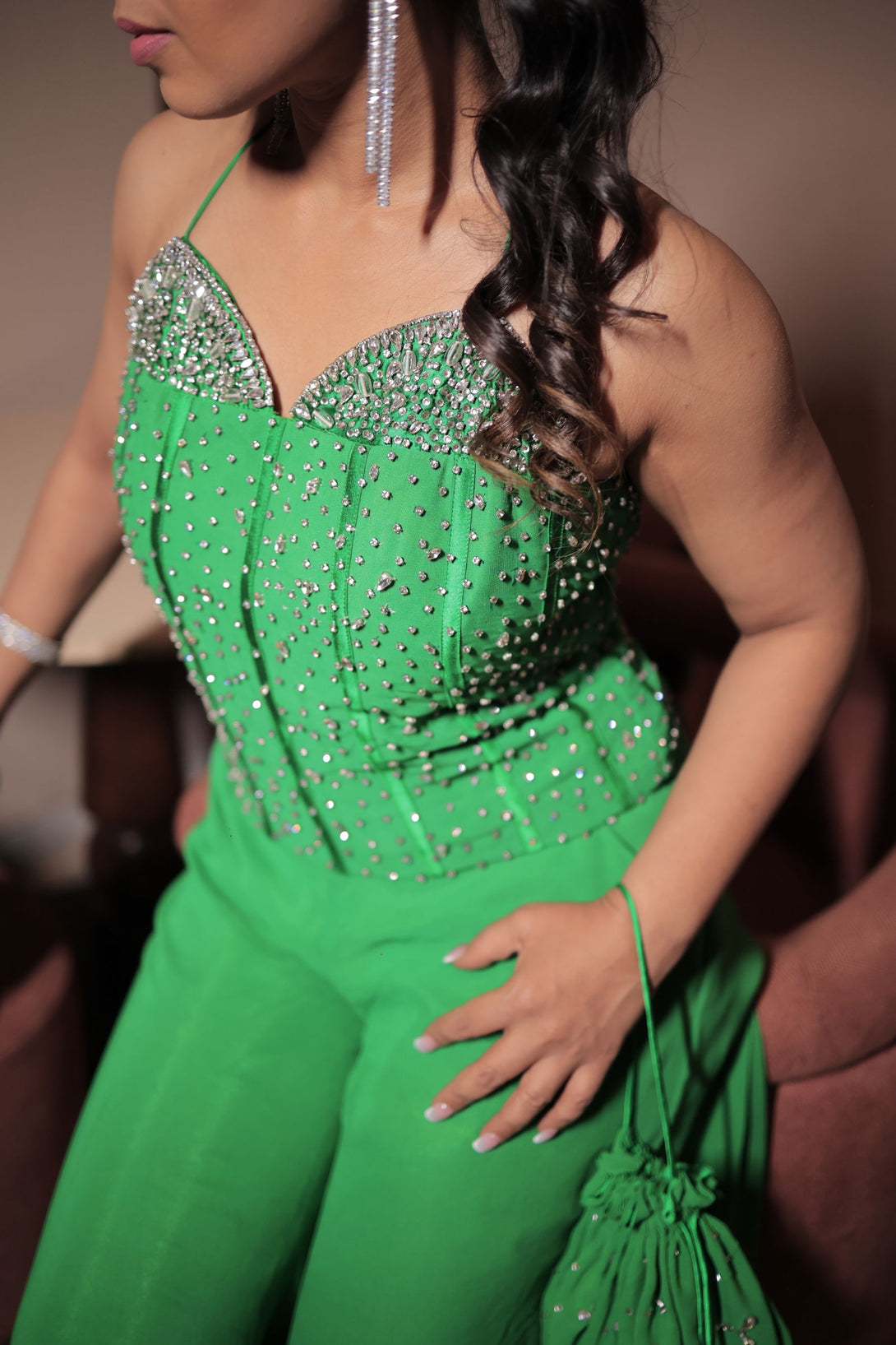 Green Viscose Silk Cord-Set Suit With Stone Work And Matching Potli - Mayrake.in