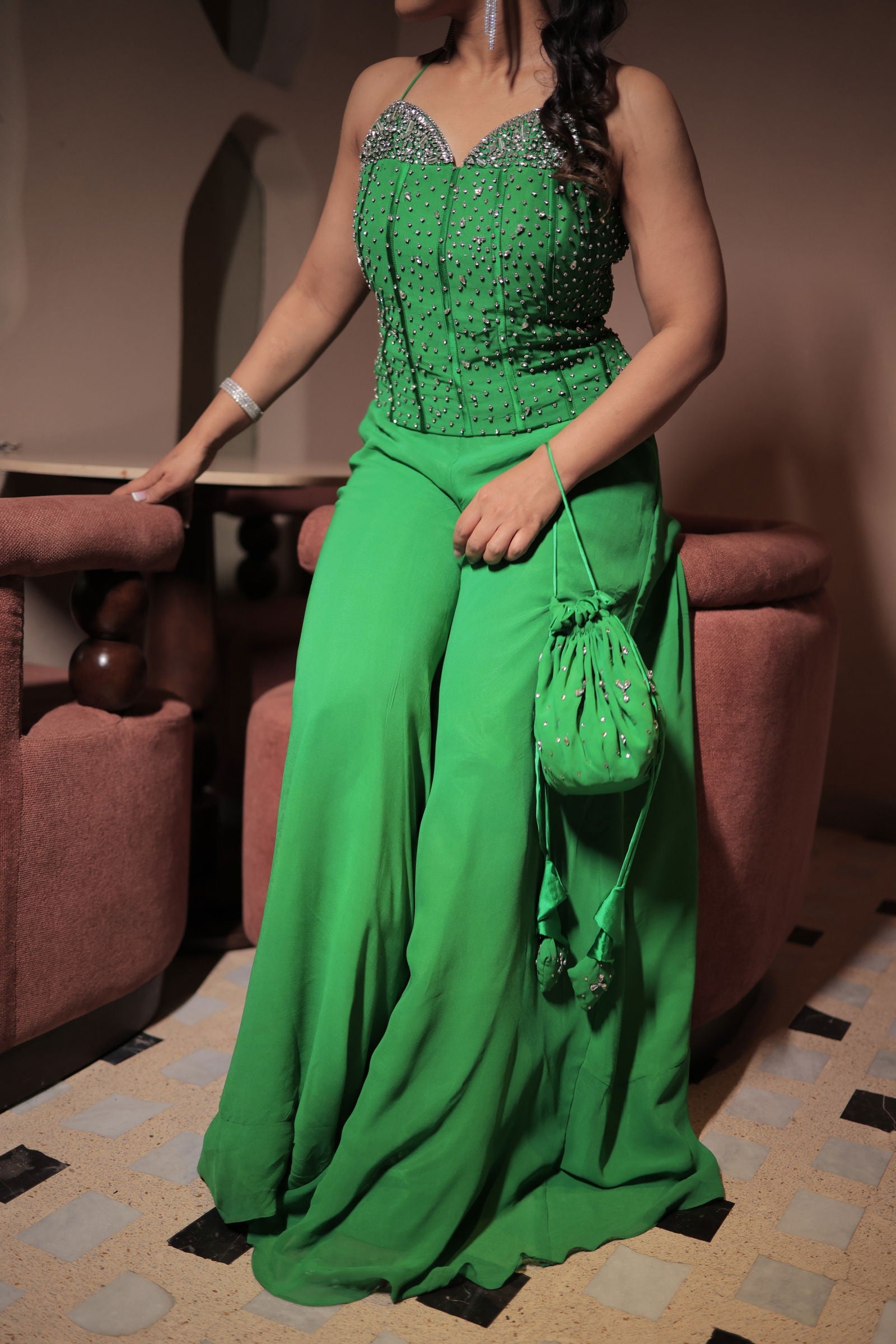 Green Viscose Silk Cord-Set Suit With Stone Work And Matching Potli - Mayrake.in