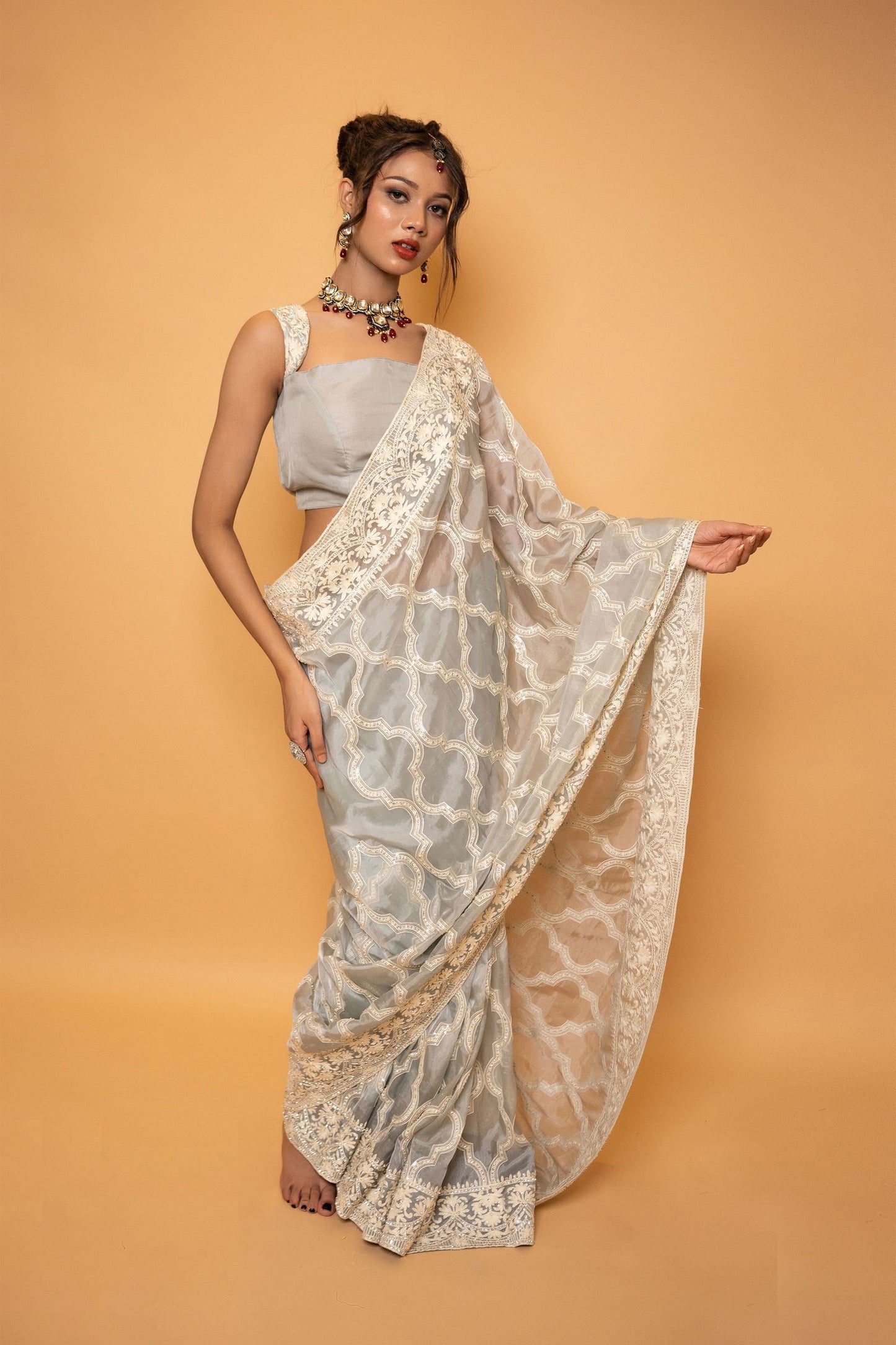 Grey Organza Saree With Swarovski Threadwork with Stitched Blouse - Mayrake.in