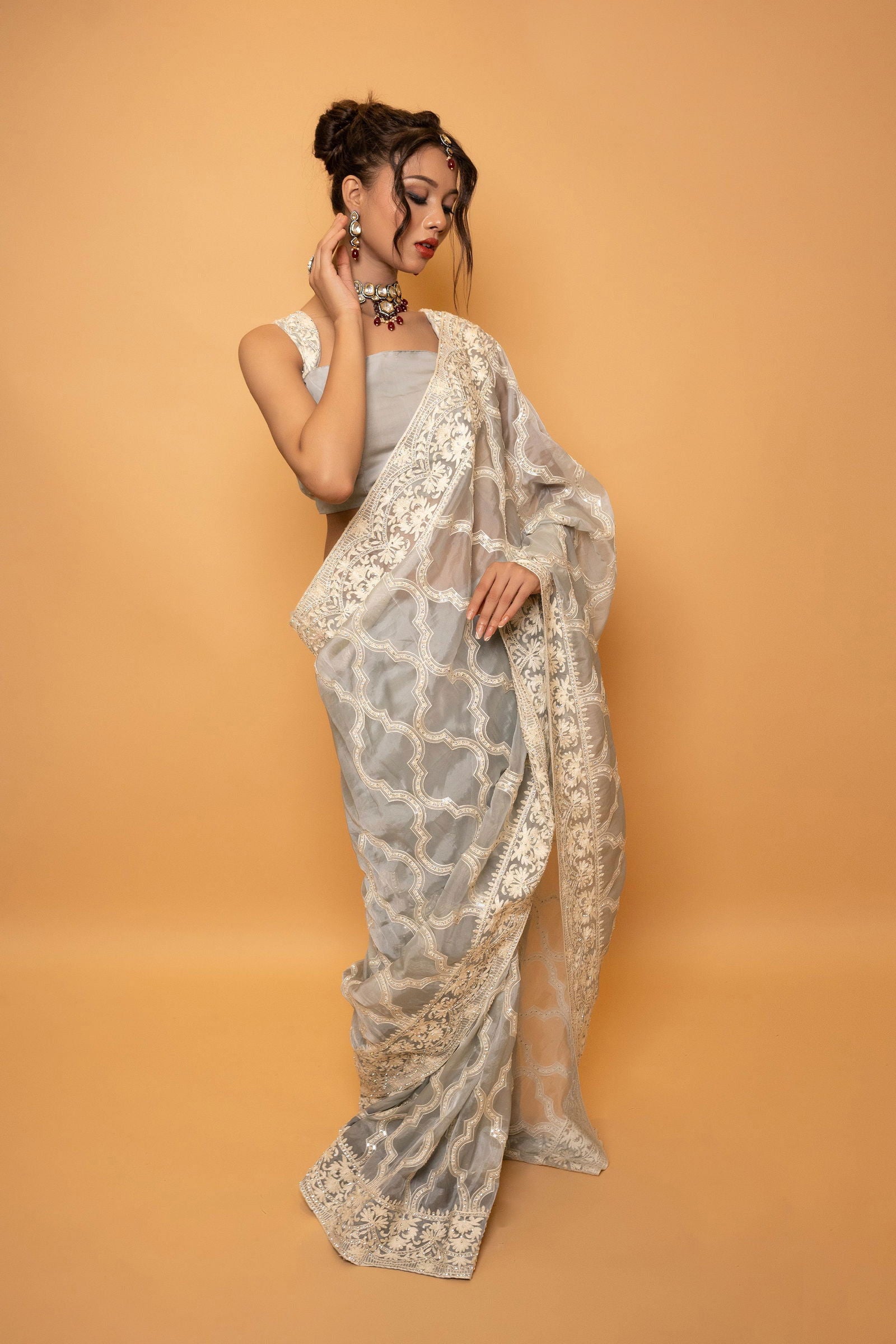 Grey Organza Saree With Swarovski Threadwork with Stitched Blouse - Mayrake.in