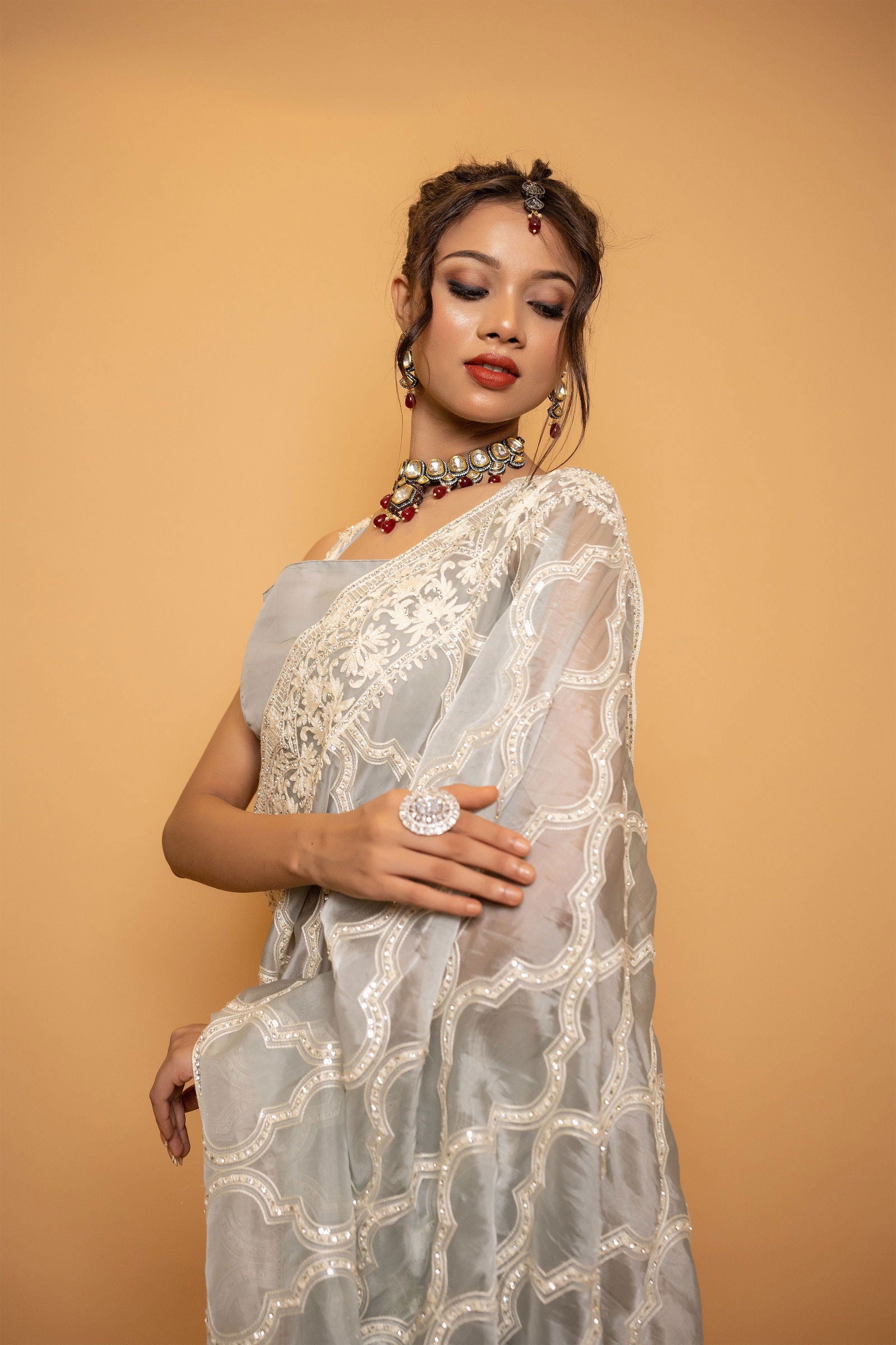 Grey Organza Saree With Swarovski Threadwork with Stitched Blouse - Mayrake.in
