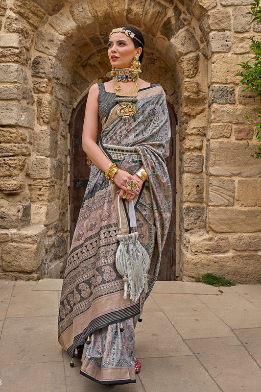 Grey Raw Silk Saree with Floral Motifs - Mayrake.in