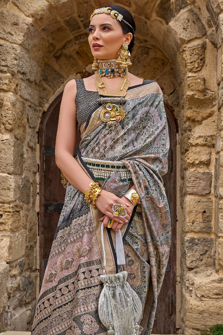 Grey Raw Silk Saree with Floral Motifs - Mayrake.in