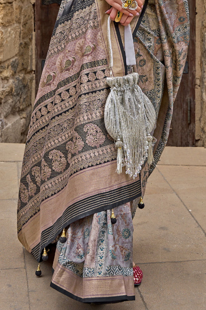 Grey Raw Silk Saree with Floral Motifs - Mayrake.in