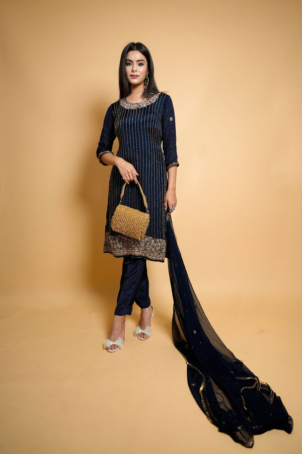 Hand-Embroidered Dark Blue Organza Suit with Cut Flower and Pearl Details, Includes Designer Pants and Dupatta - Mayrake