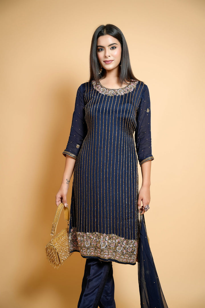 Hand-Embroidered Dark Blue Organza Suit with Cut Flower and Pearl Details, Includes Designer Pants and Dupatta - Mayrake