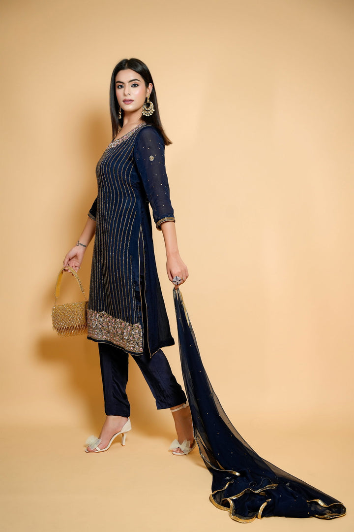 Hand-Embroidered Dark Blue Organza Suit with Cut Flower and Pearl Details, Includes Designer Pants and Dupatta - Mayrake