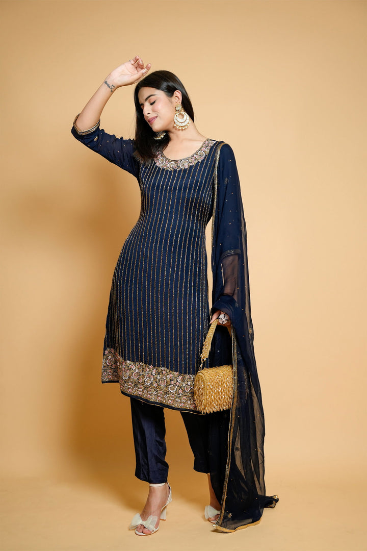 Hand-Embroidered Dark Blue Organza Suit with Cut Flower and Pearl Details, Includes Designer Pants and Dupatta - Mayrake