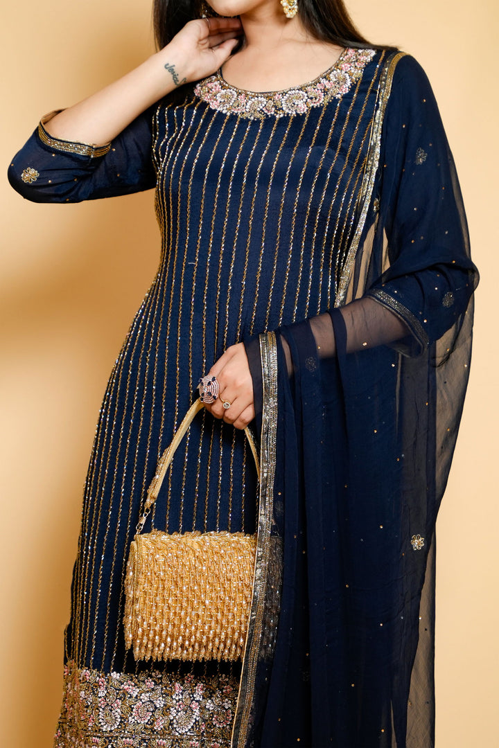 Hand-Embroidered Dark Blue Organza Suit with Cut Flower and Pearl Details, Includes Designer Pants and Dupatta - Mayrake
