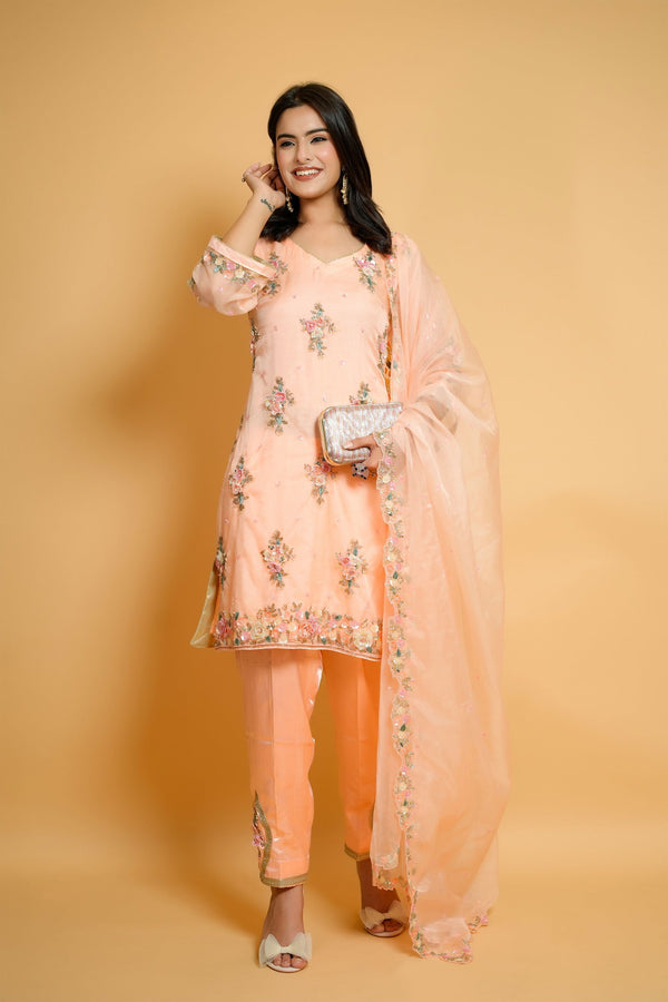 Hand-Embroidered Peach Organza Suit with  Designer Pants and Dupatta - Mayrake