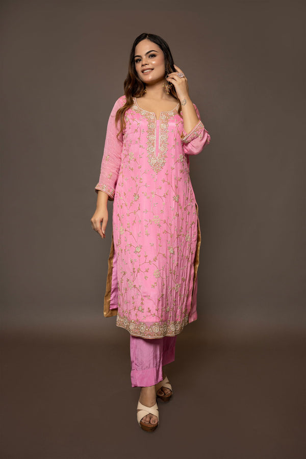 Hand Embroidered Baby Pink Georgette Suit with Heavy Dupatta and Matching Pants - Mayrake