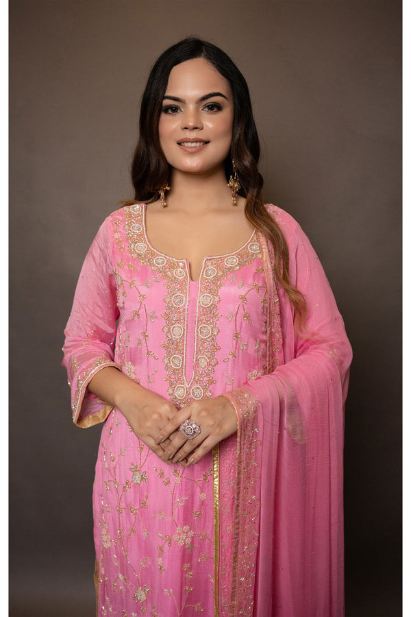 Hand Embroidered Baby Pink Georgette Suit with Heavy Dupatta and Matching Pants - Mayrake