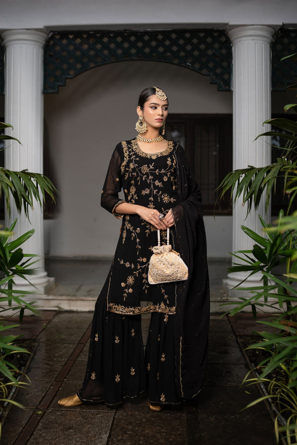 Hand Embroidered Black Zardozi Georgette Suit with Matching Garara and Dupatta - Mayrake