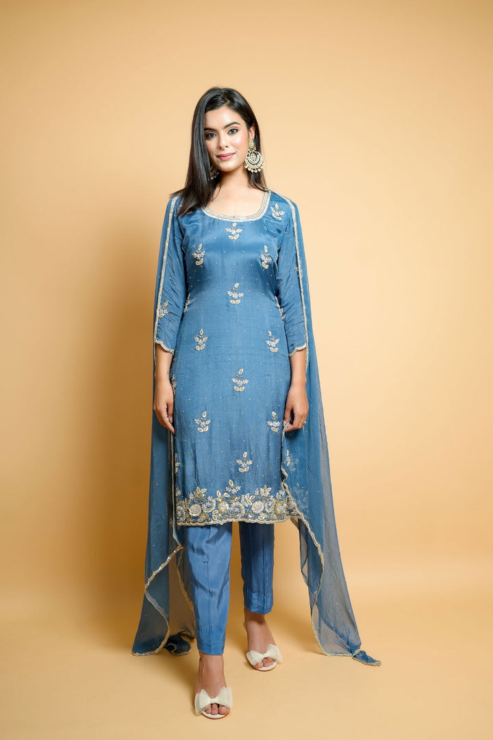 Hand Embroidered Dark Gray-Blue  Chiffon Suit with Crepe Pants and Dupatta - Mayrake