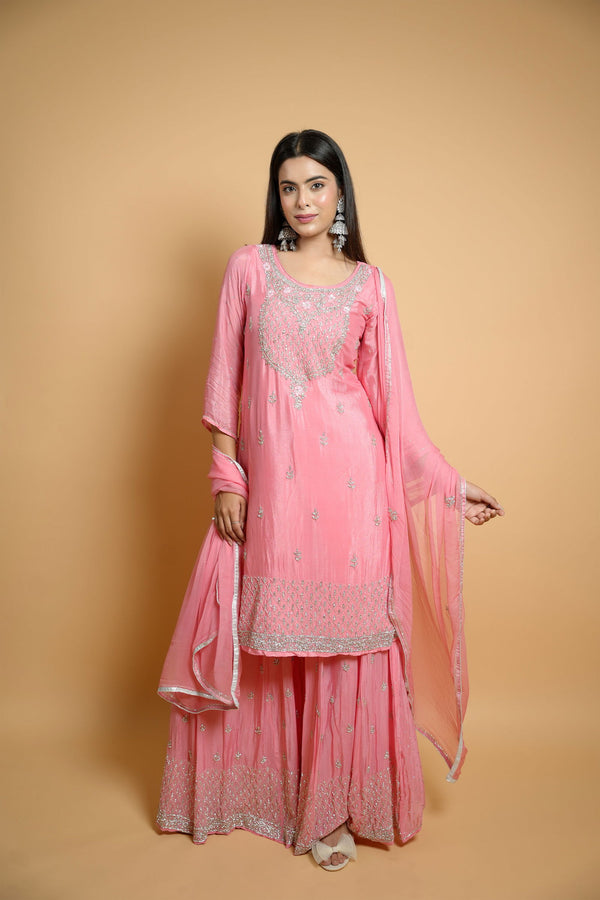Hand Embroidered Peach Georgette Sharara Suit with Matching Dupatta - Mayrake