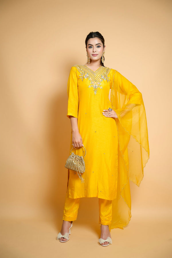 Hand Embroidered Yellow Silk Suit with Pants and Organza Dupatta - Mayrake