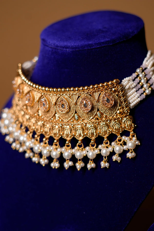 Handcrafted Gold Choker with Stone and Pearl and Matching Earrings - Mayrake