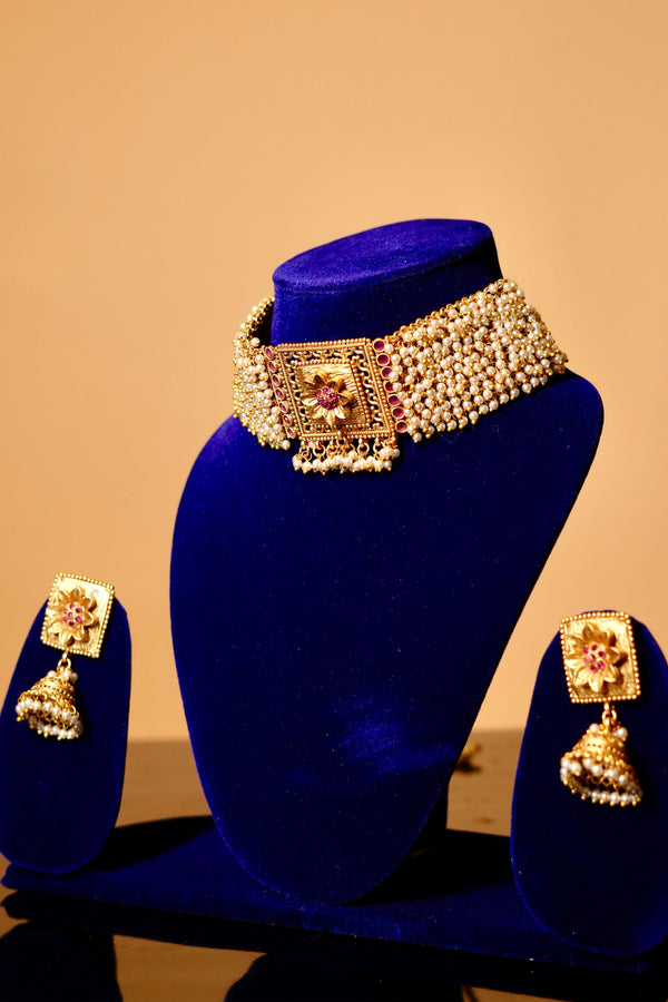 Handcrafted Matte Finish Gold Pearl Choker with Meenakari and Earrings - Mayrake